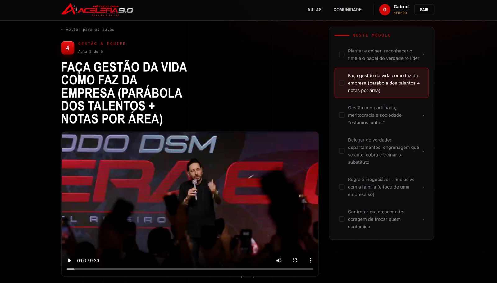 Página de aula com vídeo do Daniel